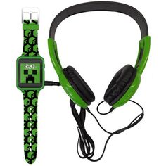 a green watch with headphones attached to it and a wristband that has the words,