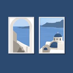 two posters with an image of the sea and mountains