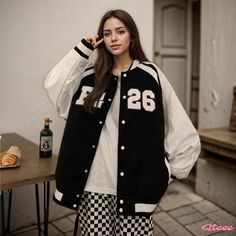 Qteee - Premium Letter Embroidered Relaxed Fit Baseball Jacket Black Outerwear With Letter Embroidery For Fall, Black Letter Embroidery Outerwear For Fall, Black Fall Outerwear With Letter Embroidery, Fall Black Outerwear With Letter Embroidery, College Style Outerwear With Letter Embroidery And Long Sleeves, Casual Embroidered College Outerwear, Black Cotton Outerwear With Letter Embroidery, Casual Embroidered Outerwear For College, Casual Embroidered Hooded Varsity Jacket