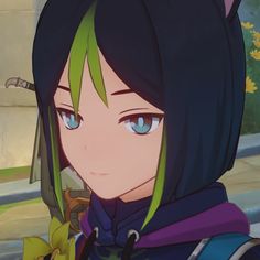 an anime character with green hair and blue eyes looking at the camera while standing in front of a building