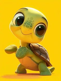 a little turtle with big eyes and a smile on it's face, standing in front of a yellow background