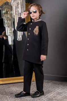 Black sherwani embroidered with beads, stones and pearls in front and collar. Paired with matching pant. - Aza Fashions Black Sherwani, Kids Pants, Black Beads, Aza Fashion, Kids Boys, Collar, Beads, Pants, Black