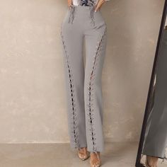 Grey Wide Leg Trousers With Stylish Lace Up Detail! My Absolute Favorite Pants -- Kept Them In The Size 4. These Are A Size 6, More Like A Medium Fit Xo The Ultimate Dramatic Style, Featuring Cut-Out Detailing And Lace-Up Design Throughout. The Flattering Crepe High-Waisted Pants With Contrasting Gold Eyelet Details Are The Perfect Look For Your Next Date Night Or Drinks With Your Besties. Features: - Figure Flattering Crepe Fabric - Lace-Up Leg Detailing - High Waisted - Gold Hardware Size: Us Grey Wide Leg Trousers, Lace Up Trousers, Paper Bag Waist Pants, Hiking Pants Women, White Dress Pants, Houndstooth Pants, Black Wide Leg Trousers, Dramatic Style, Grey Lace