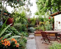 an outdoor dining area in the middle of a garden with lots of plants and flowers