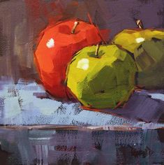 an oil painting of two apples on a table