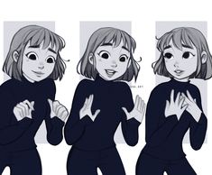 three different poses of a woman in black clothing with her hands on her chest and the other