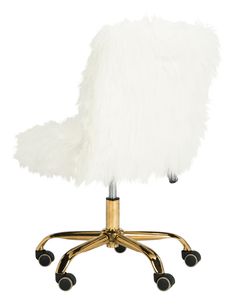 an office chair with a white fur on it's back and gold wheels, against a white background