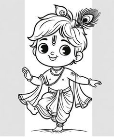 Janamashtmi Drawings, Krishna Outline, God Outline, Krishna Doodle, Cute Little Krishna Drawing, Cute Krishna Drawing, Ganpati Drawing, God Drawings, Imaginary Art