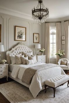 a bedroom with white furniture and chandelier