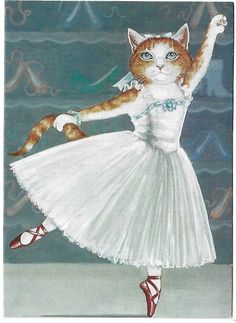 a painting of a cat wearing a white dress and red shoes with her arms in the air