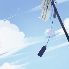 an anime scene with a clear ball hanging from a wire and some tags attached to it