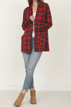 95% Polyester 5% Spandex Made in the USA S size length 30" Pockets Stretch Cotton Cardigan For Fall, Casual Plaid Cardigan For Layering, Trendy Open Front Tops For Fall, Trendy Plaid Long Sleeve Cardigan, Fitted Plaid Long Sleeve Sweater, Winter Plaid Cotton Cardigan, Casual Plaid Cardigan For Work, Fall Stretch Long Sleeve Cardigan, Fitted Long Sleeve Plaid Sweater