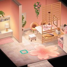 an aerial view of a room with pink walls and furniture, including a baby's crib