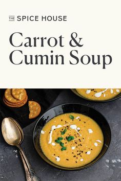 the spice house carrot and cumin soup is shown in two black bowls with spoons