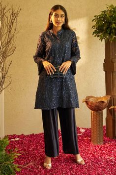 Blue peplum tunic with sequin embroidery in floral pattern. Paired with pleated pant. - Aza Fashions Net Embroidery, Pleated Pant, Sequin Embroidery, Floral Peplum, Sequins Embroidery, Pant Set, Set For Women, Aza Fashion, Pants Set