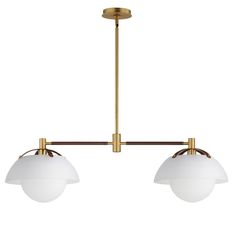 two light brass pendant with white glass shades on the bottom and one light gold metal fixture