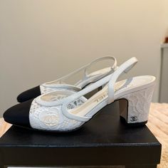 Only Worn Once And Realized They Are Too Small. Beautiful White Lace, This Shoe Is Very Rare Not One Sign Of Wear On Any Part Of The Shoe Just On The Bottom Price Is Firm Chanel Booties, Chanel Loafers, Suede Combat Boots, Chanel Slingback, Chanel Black And White, Cap Toe Boots, Chanel Boots, Ankle Heels, Black Espadrilles