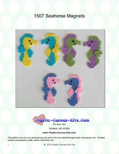 the pattern for seahorse magnets is shown in blue, yellow and pink colors