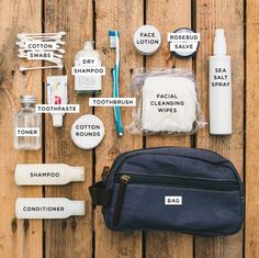 the contents of a personal care bag laid out on a wooden surface with labels and instructions