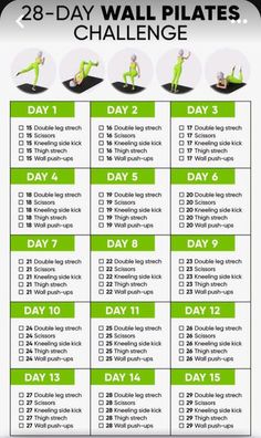 the 28 day wall pilates challenge is shown in green and has instructions to do it