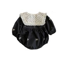 This onesie is SO adorable! The pattern is a precious bow/dot pattern made of ivory cross stitches. It features a loose, bubble like shape, sheer, floral embroidered collar (with back piece), front buttons. It has snaps for ease of diaper change. 95% cotton, 5% spandex. Light stretch. Goth Baby Nursery Nordstrom, Alternative Baby Clothes, Gothic Newborn Clothes, Halloween Baby Clothes, Punk Rock Baby Clothes, Punk Baby, Baby Bug