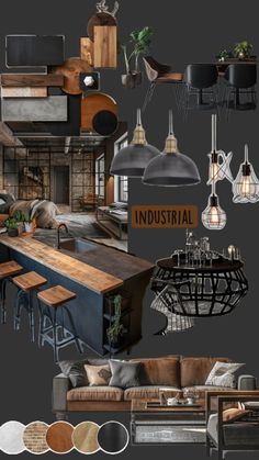 an industrial style kitchen and living room are featured in this graphic art work with various lighting fixtures