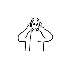 a black and white drawing of a person listening to headphones with their hands on their ears