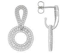 Bella Luce® white diamond simulant 3.89ctw baguette and round, rhodium over sterling silver earrings. Measures approximately 0.94" L x 0.63" W and has pushback backings. The diamond equivalent weight is 2.35ctw. Fine Jewelry Round Earrings With Baguette Diamonds, White Baguette Diamond Round Earrings, Silver Baguette Cut Diamond Earrings With Accents, Round Baguette Diamond Earrings For Anniversary, Round Baguette Diamond Earrings, Round Baguette Diamond Earrings Gift, Silver Earrings With Baguette Diamonds, Baguette Diamond Earrings Gift, Sterling Silver Diamond Earrings With Baguette Cut