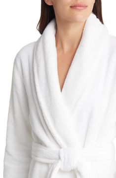 Enjoy the luxurious elegance of a spa-inspired robe at home with this supercomfy style loomed from long-staple Turkish cotton. 45 1/2" length (size Large)   Open front   Shawl collar   Long sleeves   Front patch pockets   Removable tie belt   100% cotton   Machine wash, tumble dry   Made in Turkey   Pop-In@Nordstrom   OEKO-TEX®–certified materials free of harmful substances Elegant White Robe For Relaxation, Elegant White Lounging Robe, Spa Inspiration, Shawl Collar, Tie Belt, Shawl, Top Brands, At Home, Spa