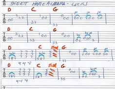 sheet music with letters and numbers written in orange, blue, and black ink on white paper