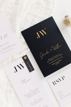 Black and gold foil wedding invitation, blush pink menu and RSVP Wedding Invitation Blush Pink, Bold Monogram, Franklin Institute, Black And Gold Wedding, Modern Wedding Stationery, Menu Food, Gold Wedding Invitation, Phuket Wedding