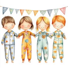 three children in pajamas standing next to each other with bunting flags and bunting