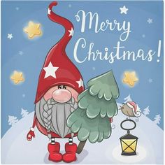 a christmas card with a gnome holding a tree