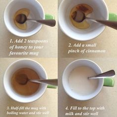 four pictures showing how to make an espresso in a mug with cinnamon and sugar