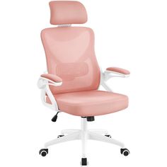 a pink office chair sitting on top of a white base with arms and feet extended