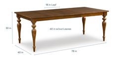 a wooden table with measurements for the top and bottom legs, along with an extra long leg