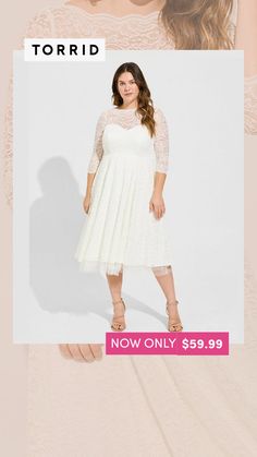 a woman in a white dress with the text torrid now only $ 59 99