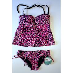 Tankini Bikini Swim Set Top & Bottom 2-Piece Pink Black Animal Print Halter Catalina Small New. Perfect For The Summer Beach Or Pool Party! Convertible Straps - Wear With Straps Or Wear Strapless. Small 4 - 6 String Side Tie Bikini Bottom. Feline Cat Exotic Print. New With Tags Removable Padding Teen Junior Beach Swimwear Activewear Sport Ocean Pool Vacation Kayak Lake Water Watersports Spring Waterfall Waterfalls Rafting Pond Canoe Travel Cruise Resort Staycation River Stream Water Beach Swimsu Fitted Pink Tankini For Beach Season, Pink Fitted Tankini For Beachwear, Pink Sleeveless Tankini For Beach Party, Pink Stretch Tankini For Party, Pink Tankini For Beach Party, Pink Triangle Top Tankini For Party, Pink Beachwear Tankini For Party, Stream Water, River Stream