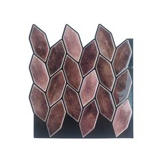 the back side of a glass mosaic tile wall hanging on a black frame with pink and brown hexagonal tiles