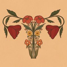 a drawing of flowers with leaves and stems on a beige background in the style of art nouveau