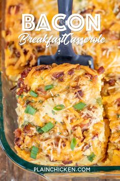 bacon breakfast casserole in a glass dish with a spatula on the side