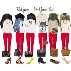 Pairing ideas for red denim!  LOVE :) Red Jeans Outfit, Outfit Pantalon Rojo, Red Pants Outfit, Red Trousers, Red Jeans, Red Pants, Red Outfit, Fall Winter Outfits, Outfits Casuales