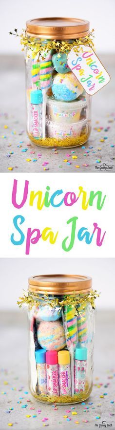 two jars with unicorn spa jar labels on them and confetti sprinkles