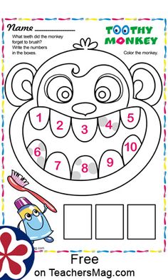 a printable toothy monkey activity for kids to practice numbers and color by numbers