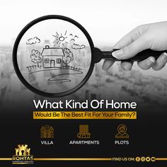 a hand holding a magnifying glass with the words what kind of home would be the best fit for your family?