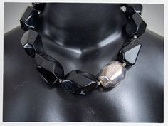 "Stunning necklace with heavy black polished (possibly quartz) stone and sterling silver accent. This gorgeous choker is quite heavy and solid; the pre-loved condition is very good., the stamp on the closure is 925 sterling. -the total length is 20\" -the beads of stone are approx. 1 1/2\" long Shipping -  I will ship internationally. Please contact me with your country so I can give you an estimated quote for shipping. Thank you." Iris Apfel Style, Black Stone Necklace, Black Necklace Statement, Layered Necklaces Silver, Bead Necklaces, Resin Necklace, Necklace Black, Vintage Pearls, Stunning Necklace