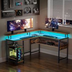 a desk that has some lights on it