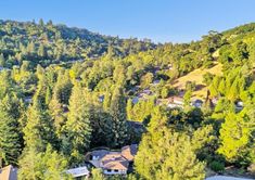 an aerial view of houses and trees in the mountains