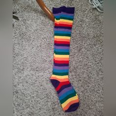 Brand New Knee High Rainbow Socks Casual Multicolor Knee-high Socks For Winter, Casual Multicolor Knee-high Winter Socks, Casual Multicolor Stockings, Casual Multicolor Stretch Knee-high Socks, Multicolor Stretch Thigh High Socks, Playful Multicolor Knee-high Socks, Stretch Multicolor Thigh High Socks, Multicolor Thigh High Casual Socks, Multicolor Stretch Knee-high Socks