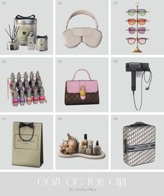 an assortment of women's accessories including sunglasses, purses and eyeglasses